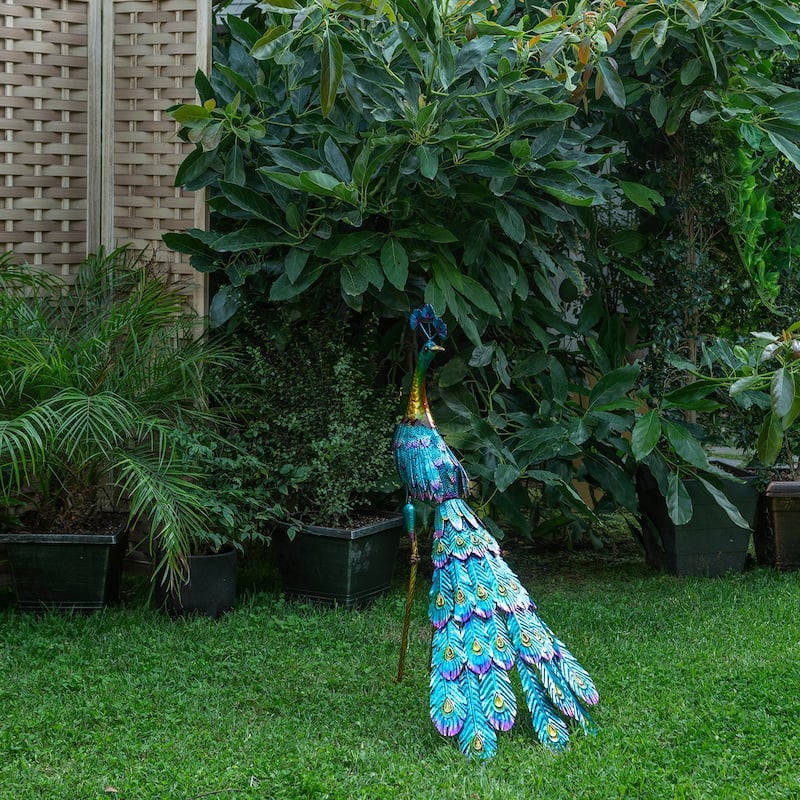 Alpine Corporation Tall Outdoor Metallic Peacock Standing Yard Statue Decoration, Multicolor