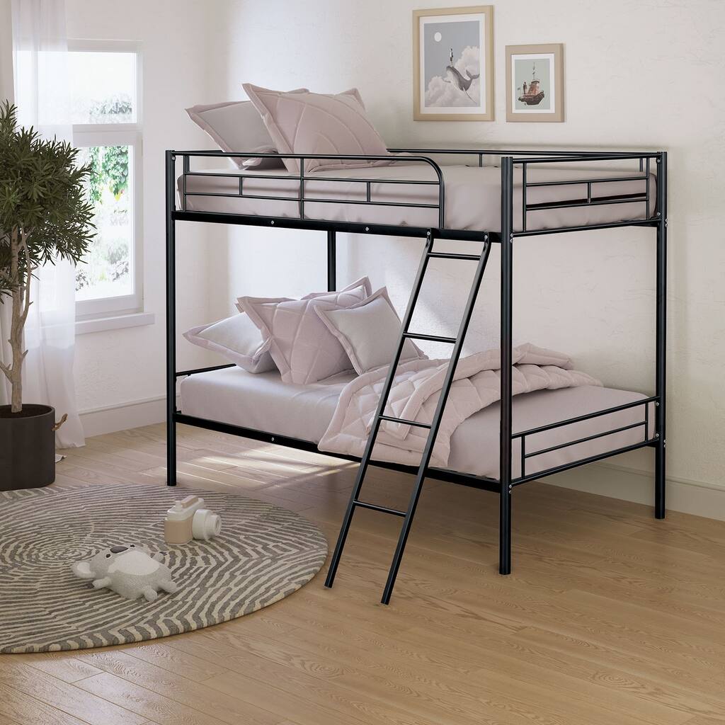 Contemporary Style Twin Over Twin Bunk Bed Footboard Ladder Metal Structure, White
