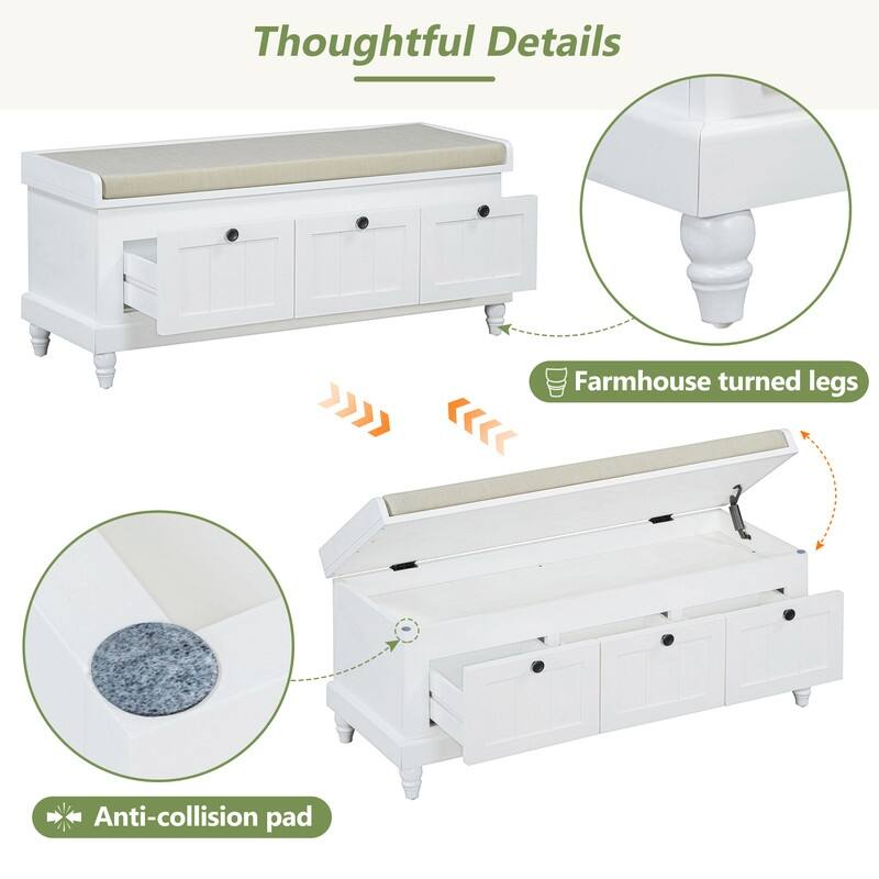 Classic Shoe Bench with Cushion and Three Drawers, Fluted Entryway Bench with Storage for Living Room