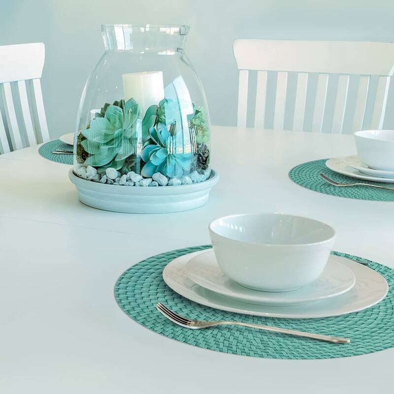 CounterArt Teal and Natural Basket Weave Design Round Reversible Easy Care Plastic Placemat Set of 4 Made in The USA