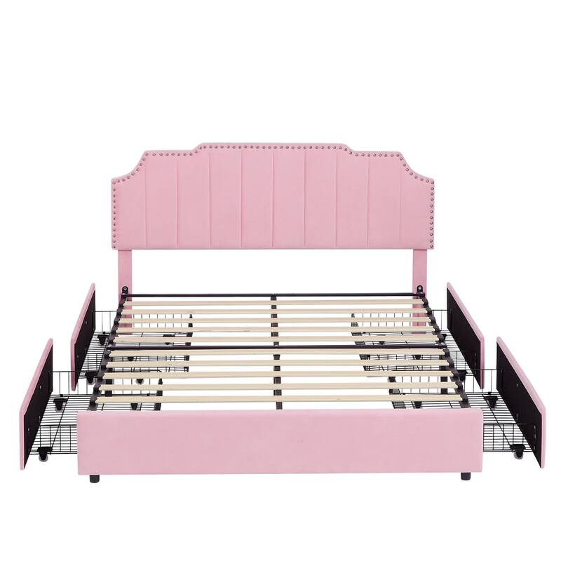 VECELO Upholstered Storage Bed Frame with Headboard & 4 Storage Drawers