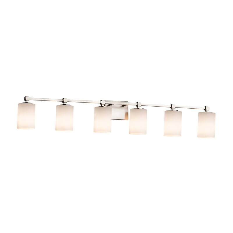 Justice Design Fusion Tetra 6-light Brushed Nickel Bath Bar, Opal Cylinder - Flat Rim Shade - Silver