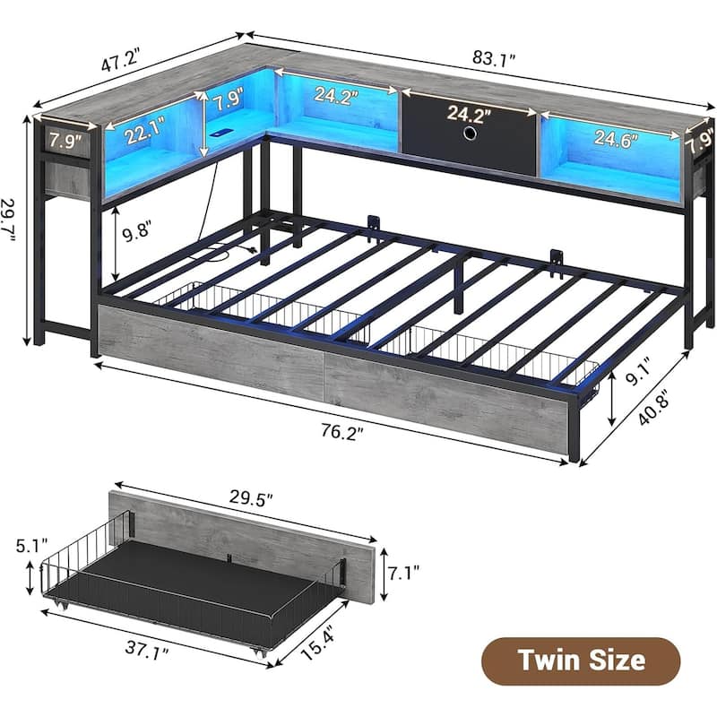 Daybed with 2 Drawers Platform Bed Frame LED Light Charging Station