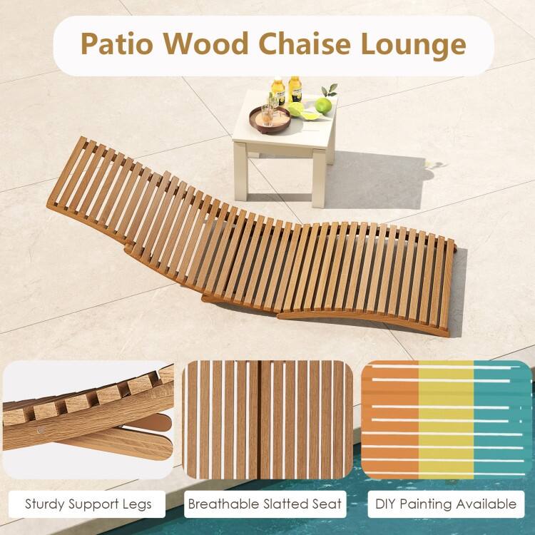 Teak Wood Folding Patio Chaise Lounge with Ergonomic Full-Length Seat - 61" x 22" x 21"