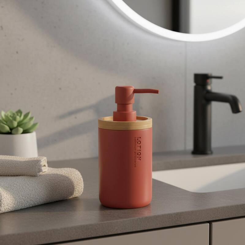 Elegant Soap Dispenser - Polyresin and Bamboo Design, Refillable Liquid Pump - 3 L x 3 W X 7 h - Terracotta