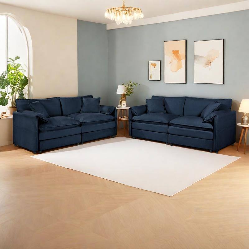 2-Piece 75.59" Chenille Cloud Loveseat Sofa Set with Deep Seat and 4 Pillows - Blue