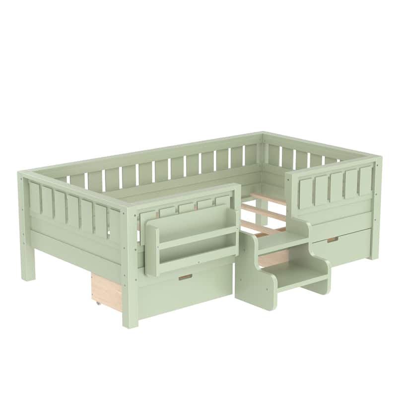 Multiple Colors Toddler Montessori Bed Children's Platform Bed with Low Profile Stairs, Built-in Bookshelf and Storage Drawers