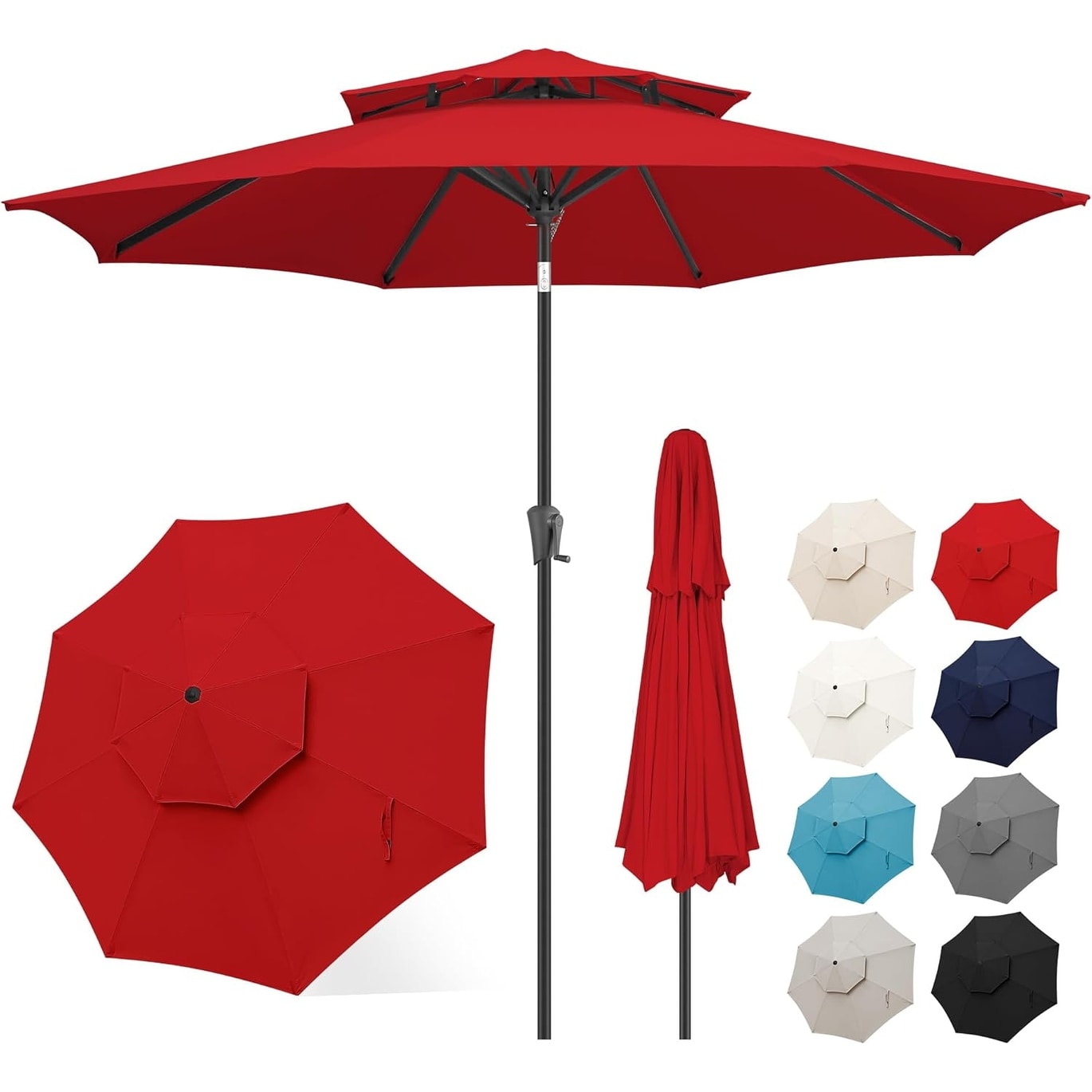 9ft Two-Tier Patio Umbrella with Push Button Tilt, Crank, and UV Protection for Outdoor Use