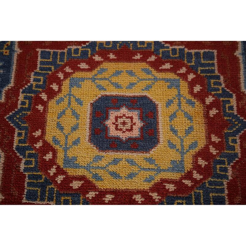 Blue Geometric Kazak Oriental Runner Rug Hand-Knotted Wool Carpet - 2'7"x 8'0"