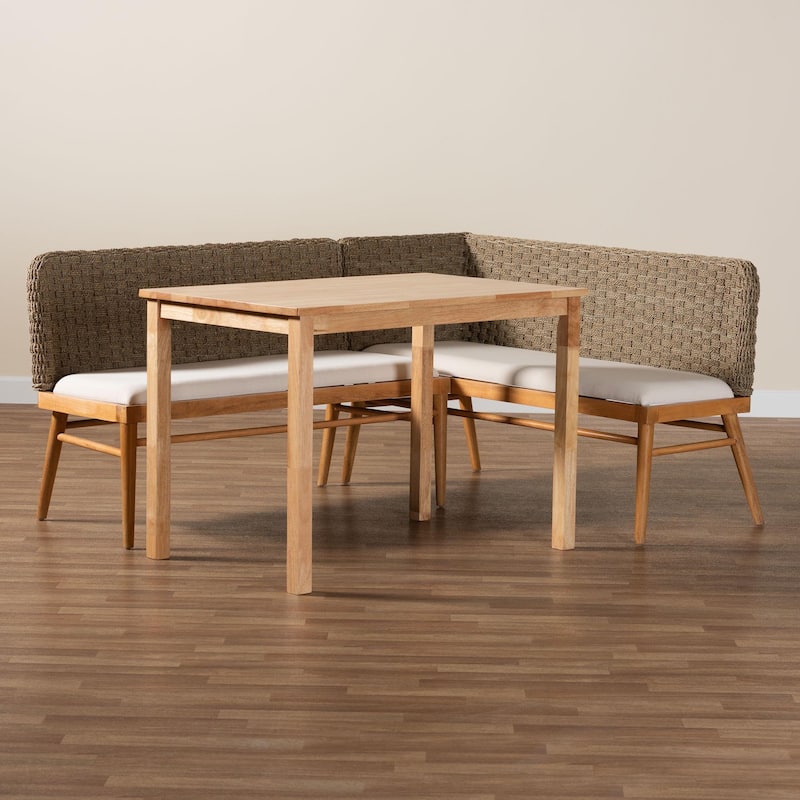 Denver Modern Bohemian Natural Seagrass and Acacia Wood Dining Nook Set