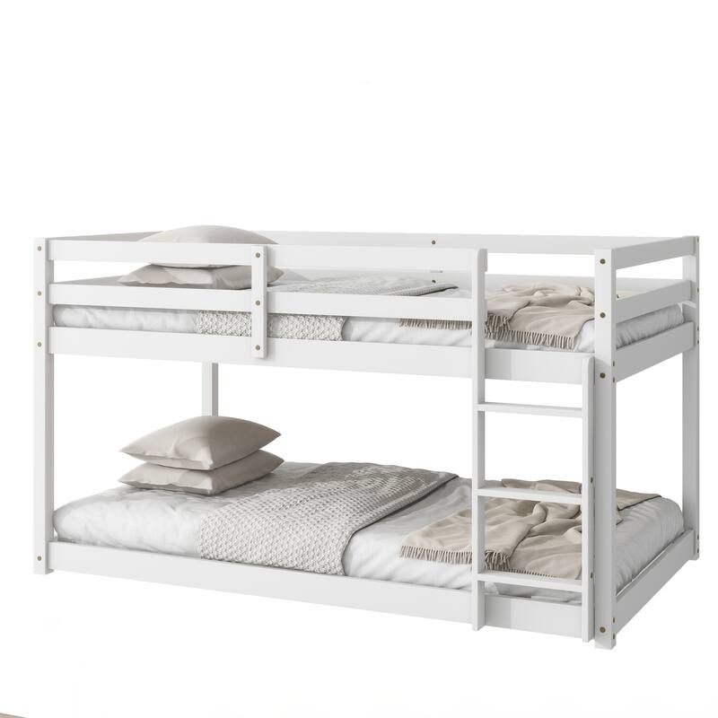 Wooden Twin over Twin Floor Bunk Bed with Ladder ,Upper and Bottom Bed Platforms