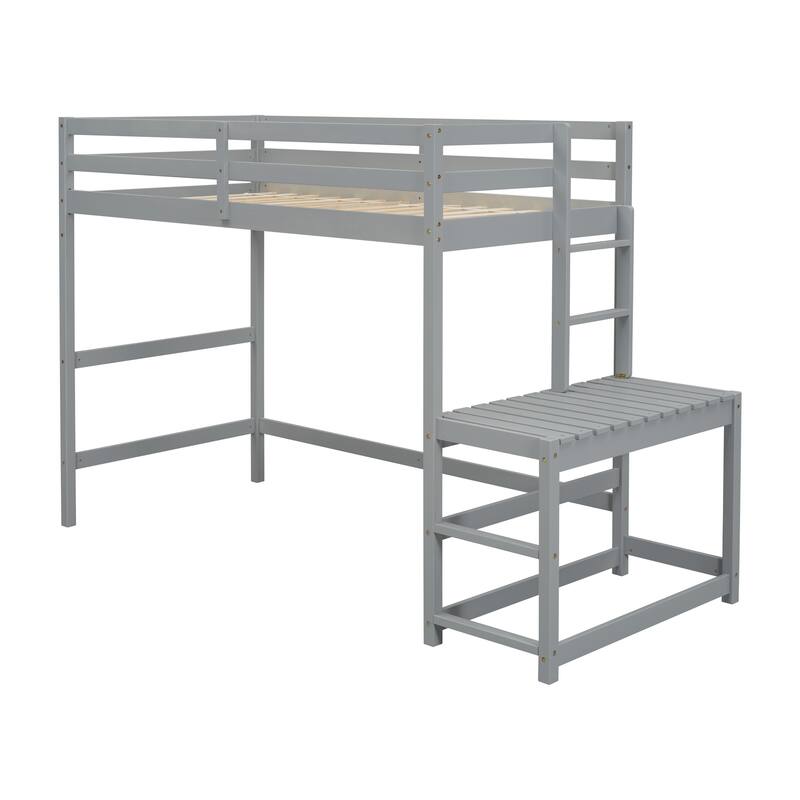 Grey Twin High Loft Bed with Ladder Landing Platform, Guardrails and Ample Underbed Space