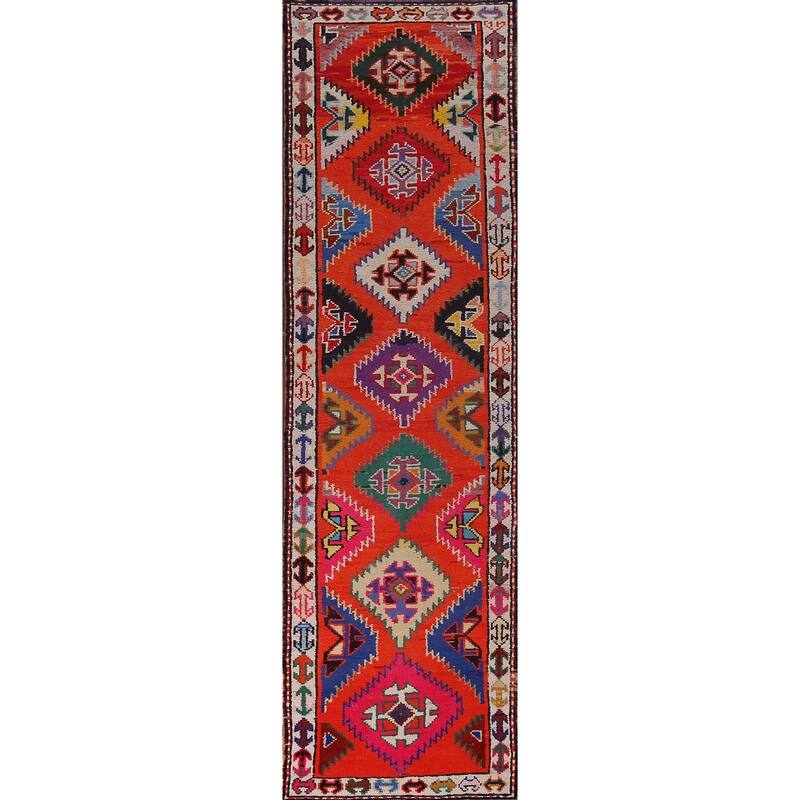 Orange Tribal Anatolian Oriental Runner Rug Handmade Silk Carpet - 3'0"x 13'3"