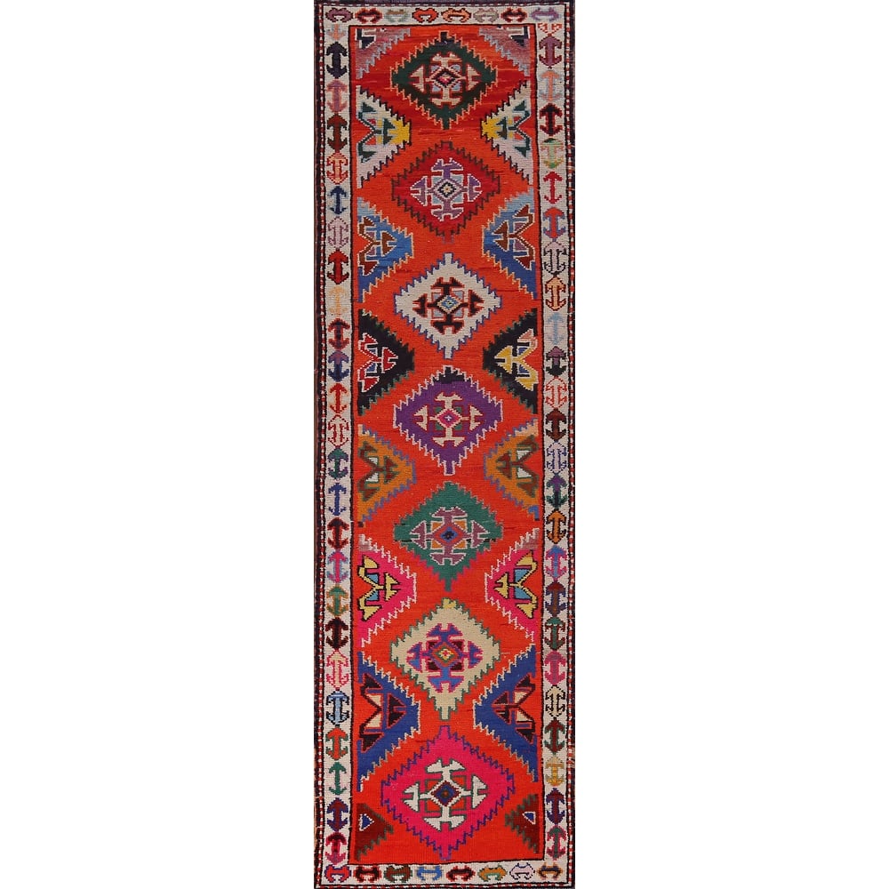 Orange Tribal Anatolian Oriental Runner Rug Handmade Silk Carpet - 3'0"x 13'3"