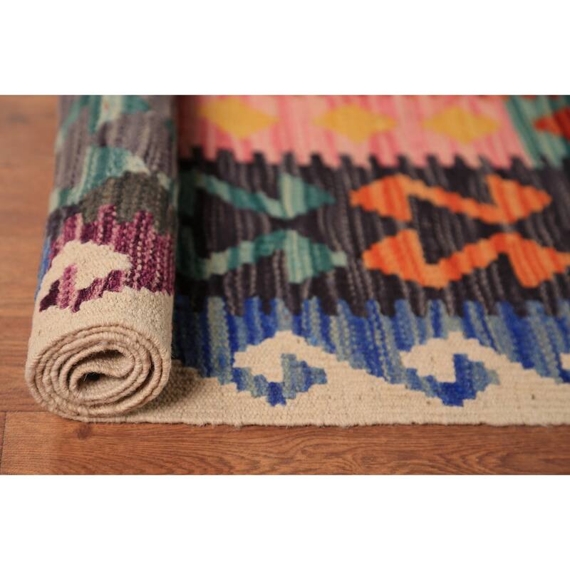 Geometric Kilim Reversible Area Rug Flatweave Multi-Color Wool Carpet - 8'2"x 11'4"