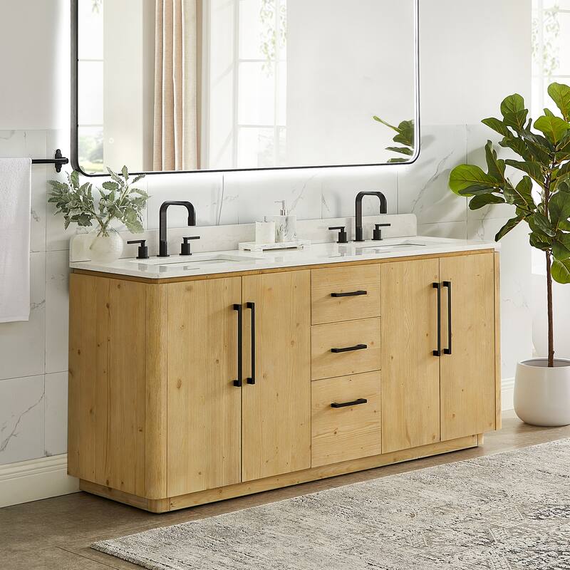 Serene Bathroom Vanity in Nature Brown with Grain White Engineered Stone Countertop without Mirror - 72 inch