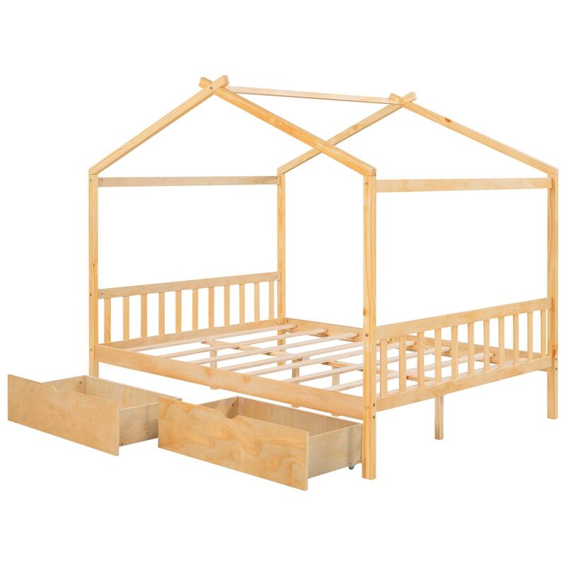 Full Size House Platform Bed with Storage Drawers, Roof, Headboard and Footboard