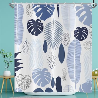 Blue Leaves Shower Curtain, Tropical Palm Plants Botanical Pattern