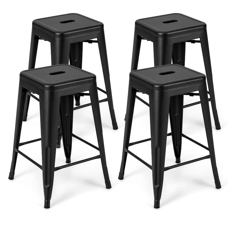 4-Piece 24" Space Saving Stackable Metal Bar Stools with Footrest for Kitchen or Patio - 16" x 16" x 24" - Black