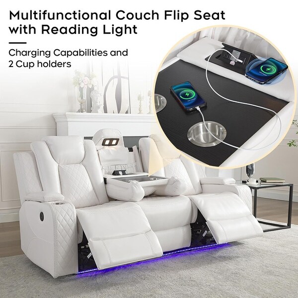 Power Reclining Sofa with Wireless Charger Reading Light for Living Room Faux Leather LED Light AC USB Port Cup Holder Black Bed Bath Beyond 40348755