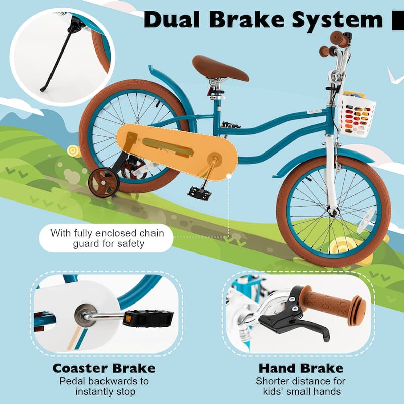 Children Adjustable Bicycle with Front Handbrake and Rear Coaster Brake Perfect Gift for Kids