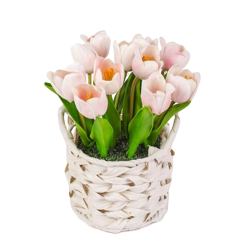National Tree Company 10 in. Pink Tulip Bouquet in White Basket - 10 in