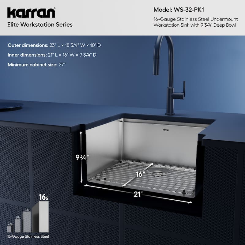 Karran Elite WS-32-PK1 Undermount 23" Single Bowl Stainless Steel Workstation Kitchen Sink