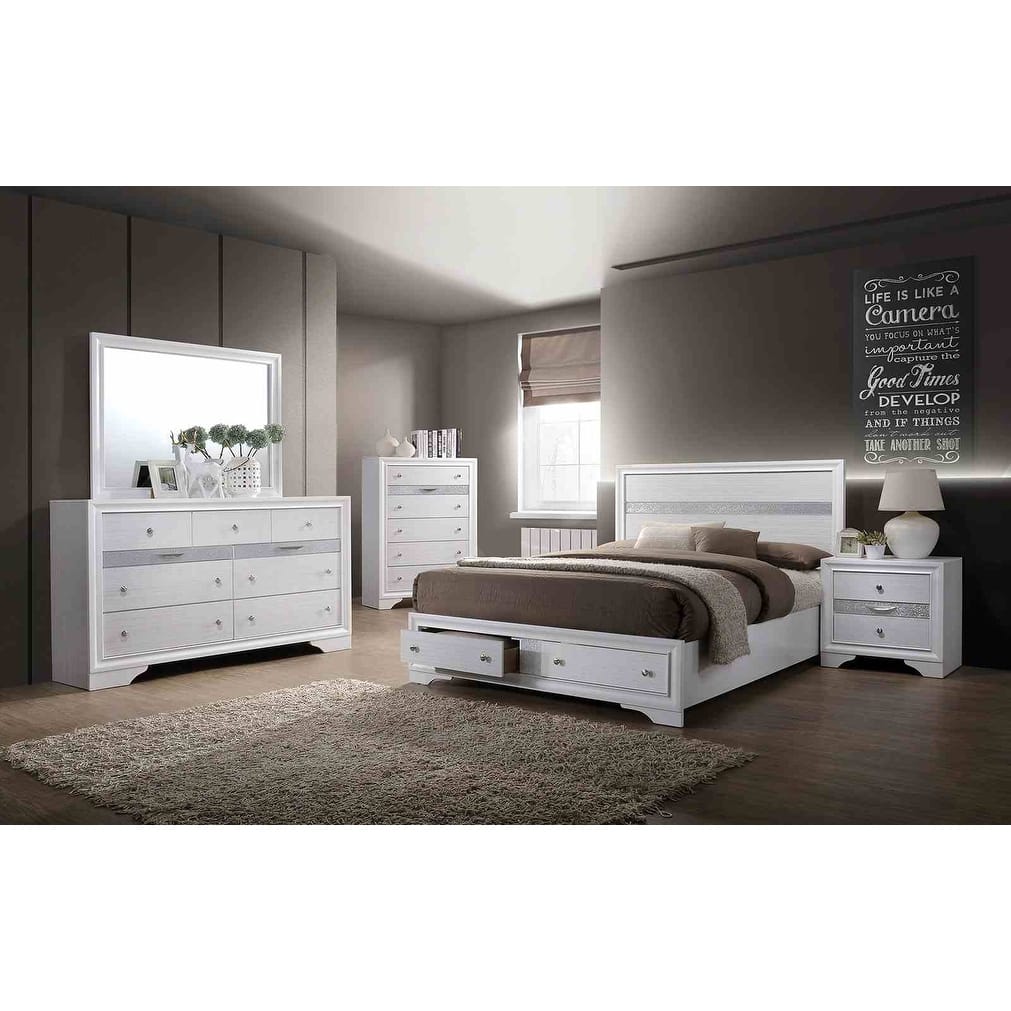 White Finish Modern Bedroom Furniture Set with Footboard Drawers