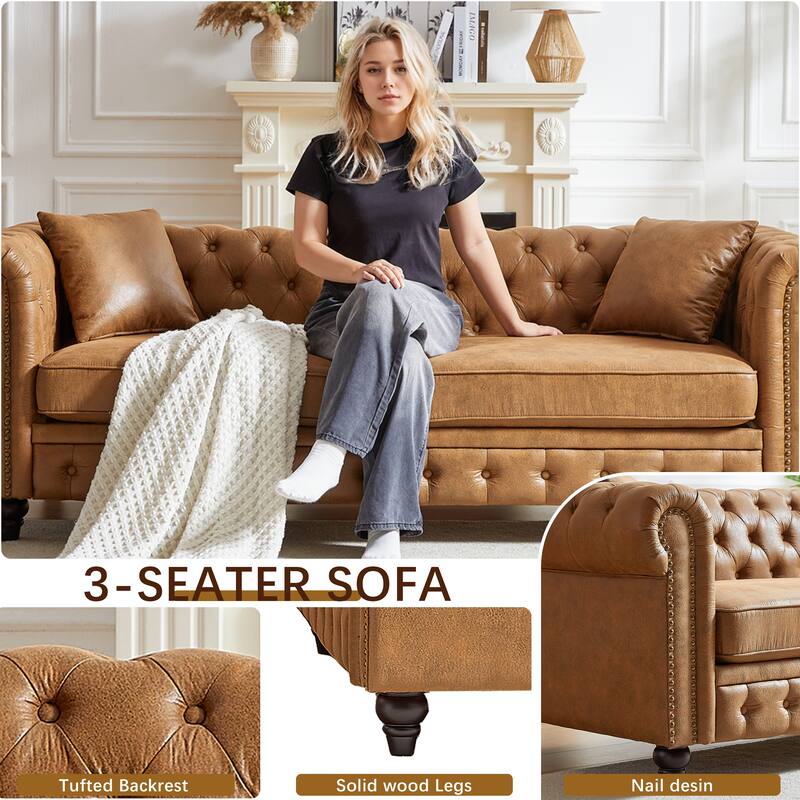 Chesterfield Sofa in Tech Fabric - 85.5" 3-Seater with Rolled Arms