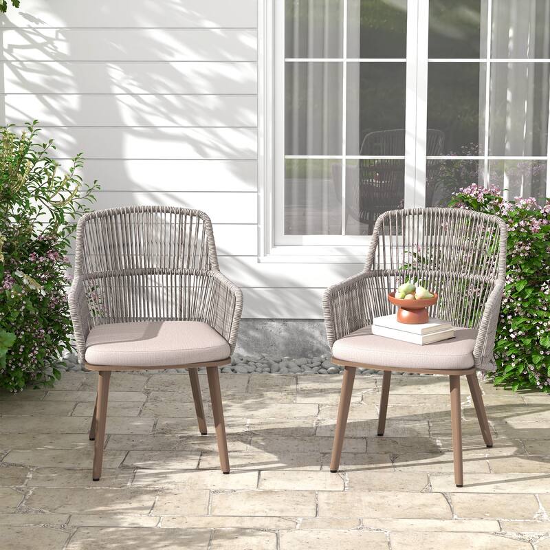 Outdoor 2-piece Dining PE Wicker Arm Chair with Cushion