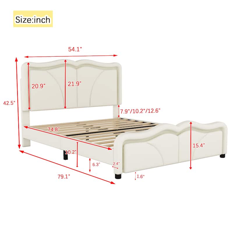 Full/Twin Size Upholstered Platform Bed with Curve Shaped and Height-adjustbale Headboard,LED Light Strips