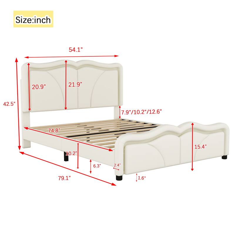 Upholstered Platform Bed with Curve Shaped and Height-adjustbale Headboard,LED Light Strips