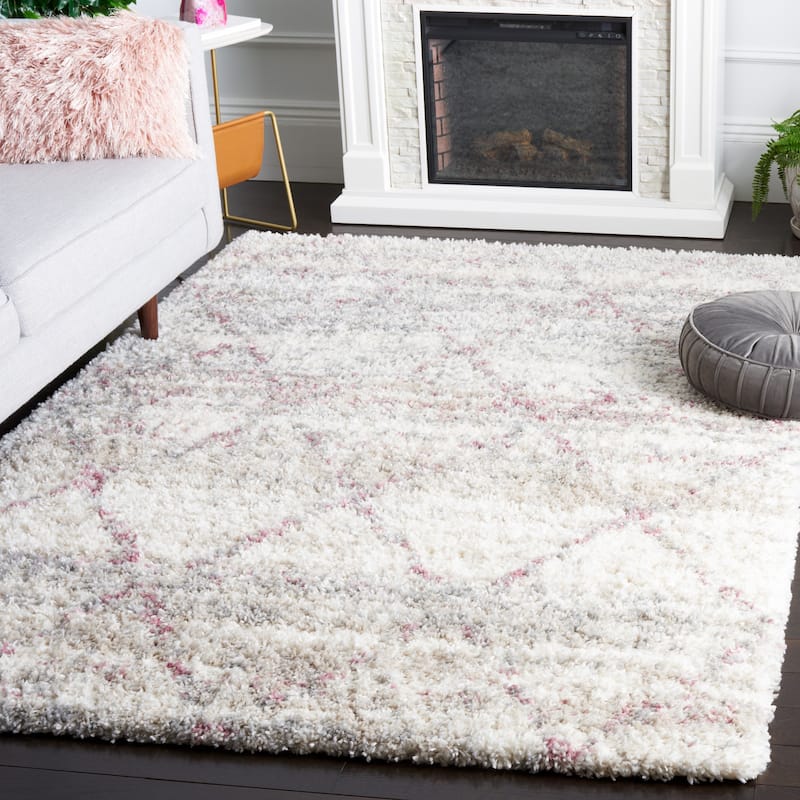 SAFAVIEH Fontana Shag Marye Modern Trellis 2-inch Thick Rug - 3' x 5' - Pink/Ivory