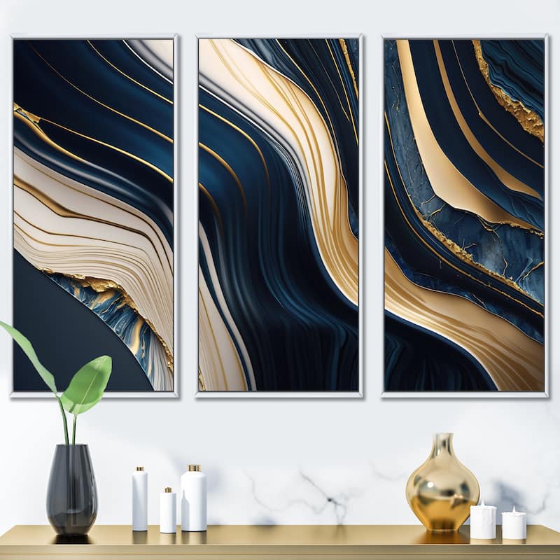 Designart "Abstract Geode Waves Blue And Gold II" Modern Waves Framed Canvas Art Print - 3 Panels - 48 in. wide x 32 in. high - 3 Panels - White