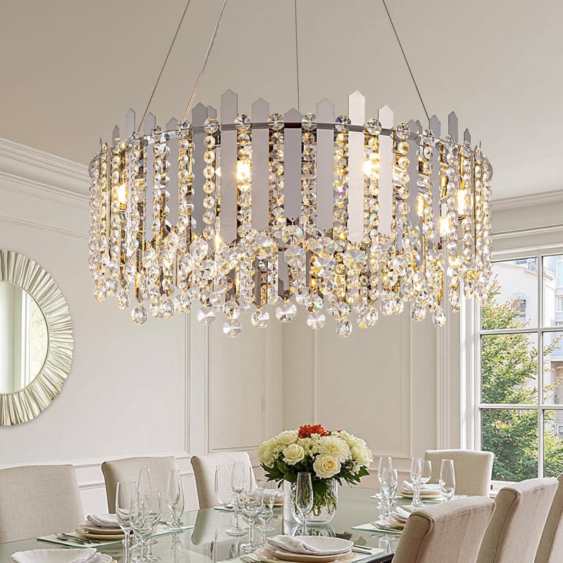 24" Chrome Modern Luxury Crystal Chandelier Adjustable Height Drum Light Fixture for Dining Room - Silver chandelier