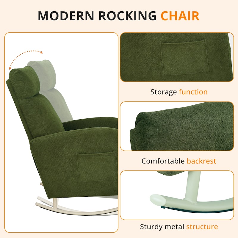 Chenille Nursery Armchair Rocking Chair Set of 1 with Metal Legs with Side Pocket for Living Room