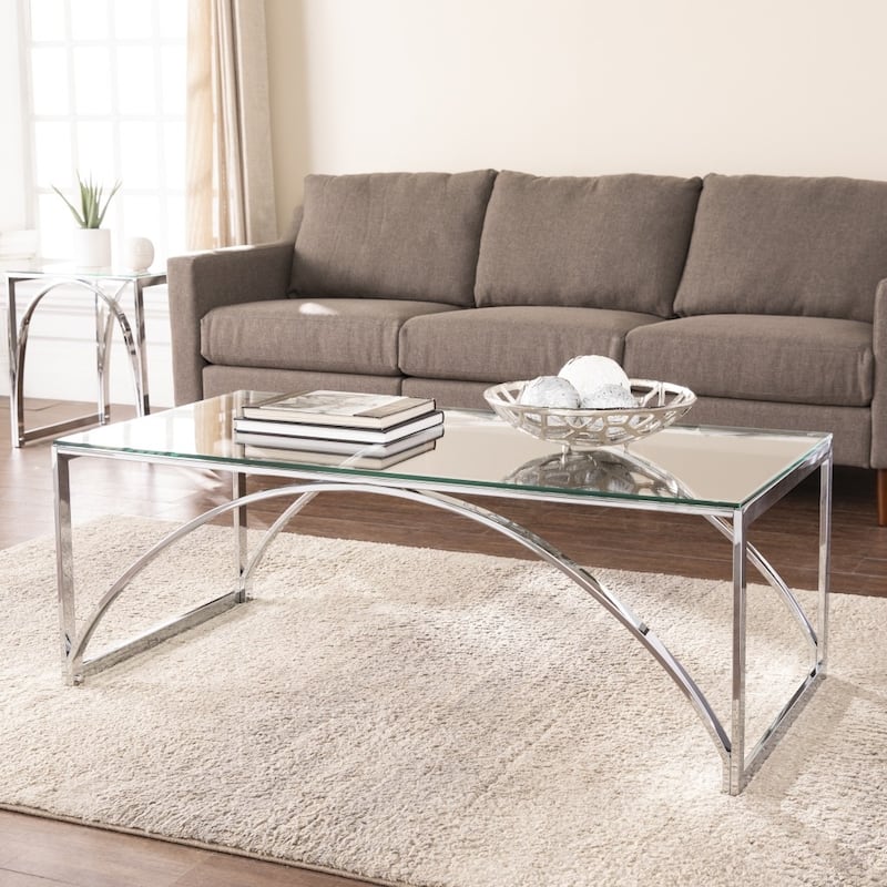 48” Chrome Glass Coffee Table with Glossy Metal Frame Modern Rectangular Living Room Decor - 48”L x 24”W x 18”H