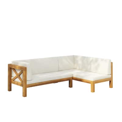 Roomfitters Outdoor Sectional Sofa Left Corner Bench with X-Back Acacia Wood Frame and Cushions
