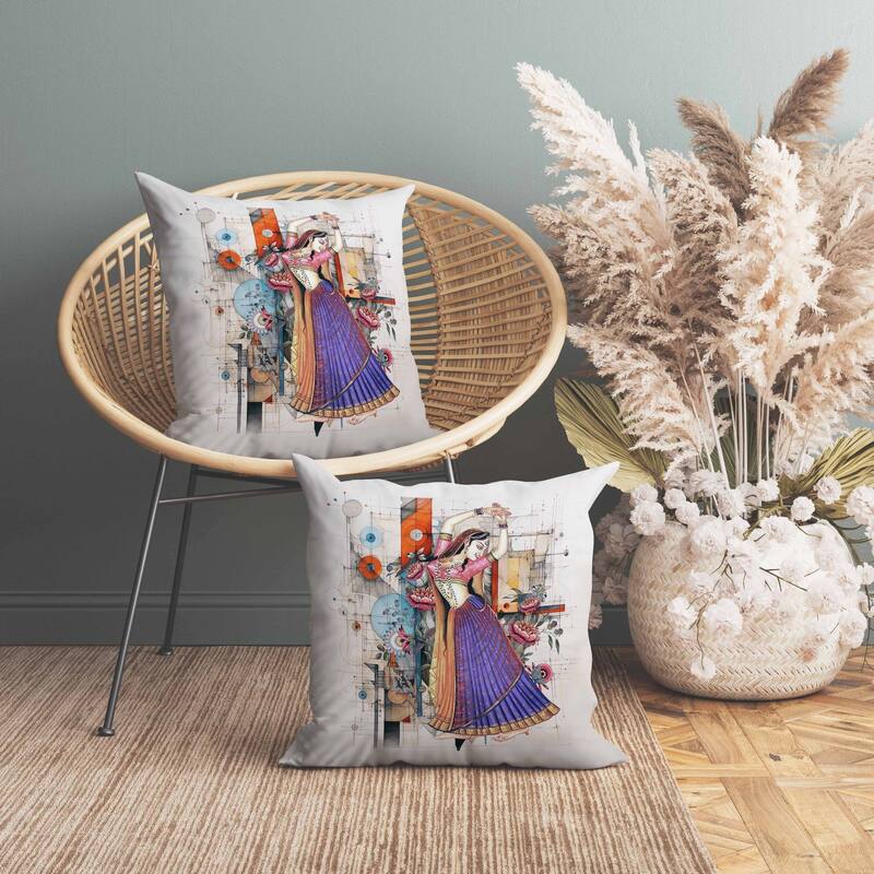 Gracefully Dancing Woman Indoor/Outdoor Reversible Throw Pillow Orange and Blue