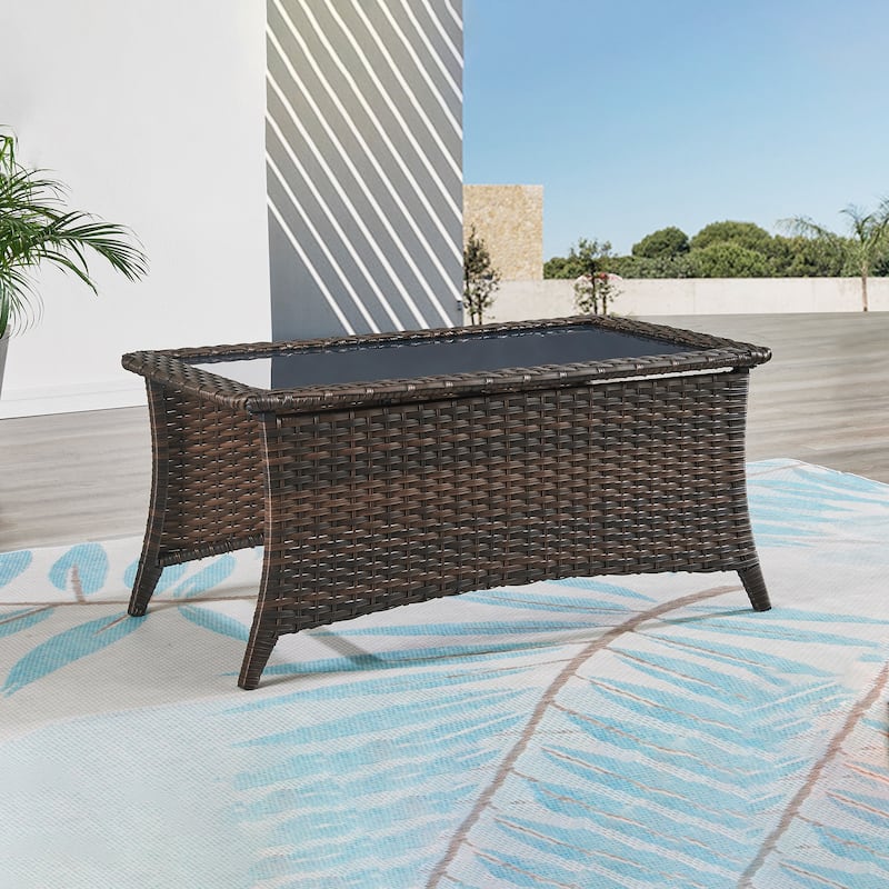 Outdoor Wicker Coffee Table Glass Top Rattan Table - Brown