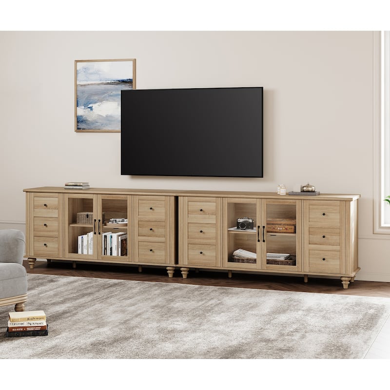 WAMPAT Glass Door Farmhouse TV Stand for TVs Up to 75 inch, Wood Universal TV Console Table