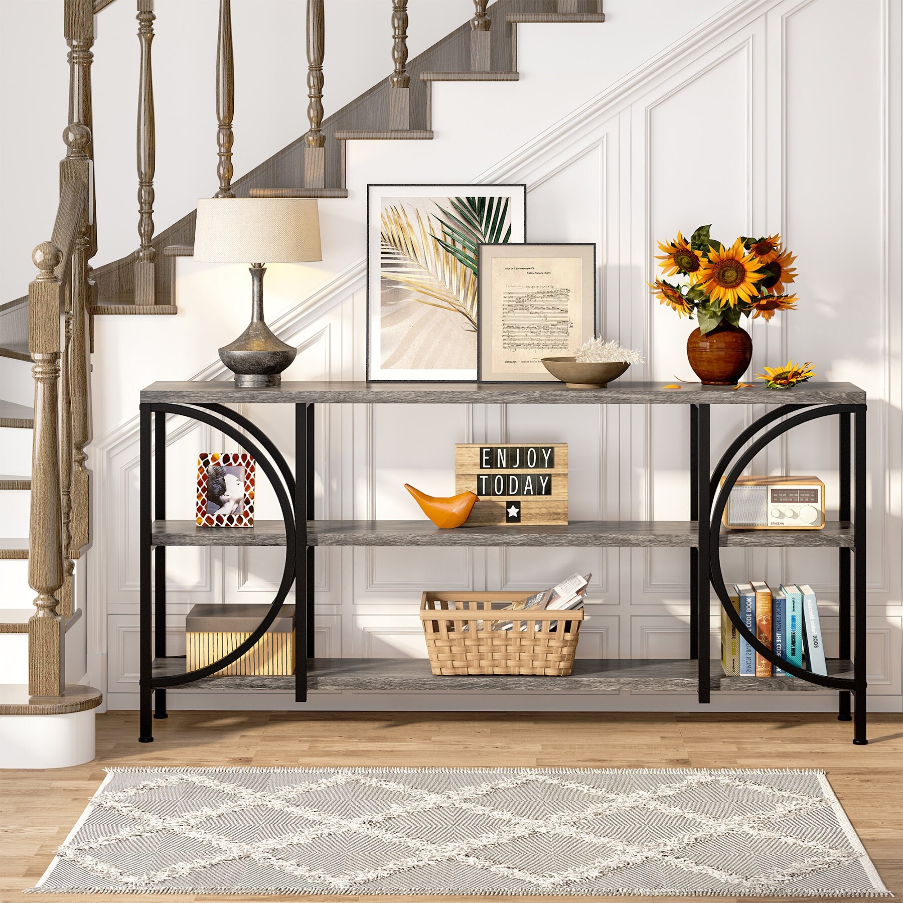 3 Tier Narrow Console Table with Storage Shelves Industrial