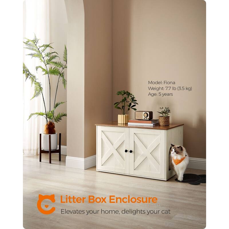 Hidden Cat Litter Box Enclosure, Wooden Cabinet Furniture - Rustic White