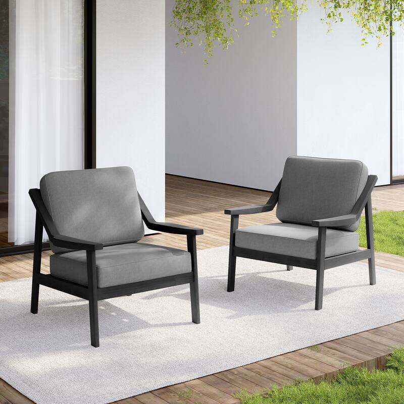 Set of 2 Outdoor Teak Wood Patio Chair with Cushion - Dark Wood - Grey