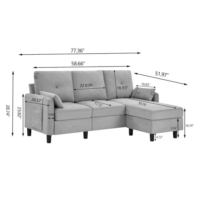 77.36" L Shaped Sectional Sofa with Side Storage Pocket and Reversible Ottoman