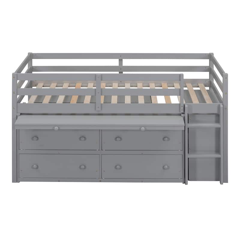 Loft Bed with Retractable Writing Desk and 4 Drawers