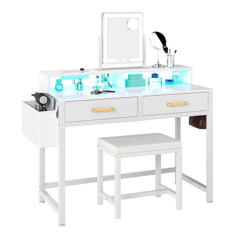 Moasis Vanity Desk with Mirror & Lights, Cream White Makeup Table Set with Stool - 31.5'' W X 21.5''D X 30''H