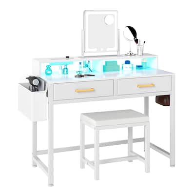 Moasis Vanity Desk with Mirror & Lights, Cream White Makeup Table Set with Stool - 31.5'' W X 21.5''D X 30''H