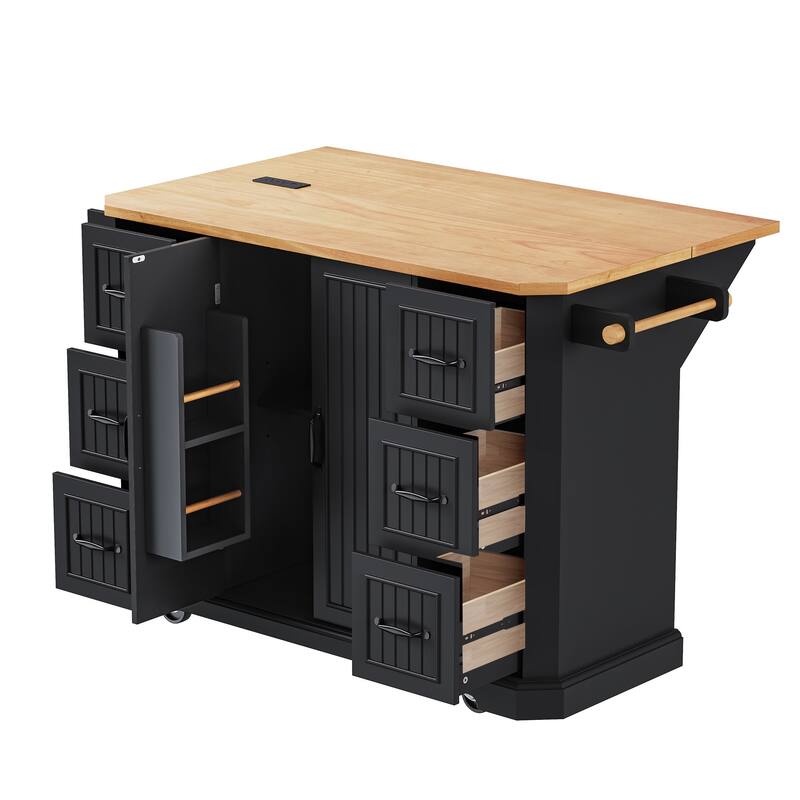 55.5'' Rubber Wood Kitchen Island with Power Outlet, Drop Leaf, Rolling Wheels and 6 Deep Drawers - 55.5'' x 29.75'' x 36''
