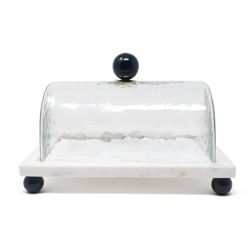 Marble Cake Plater with Glass Cover with Clear Ball Knob - 10.4"L